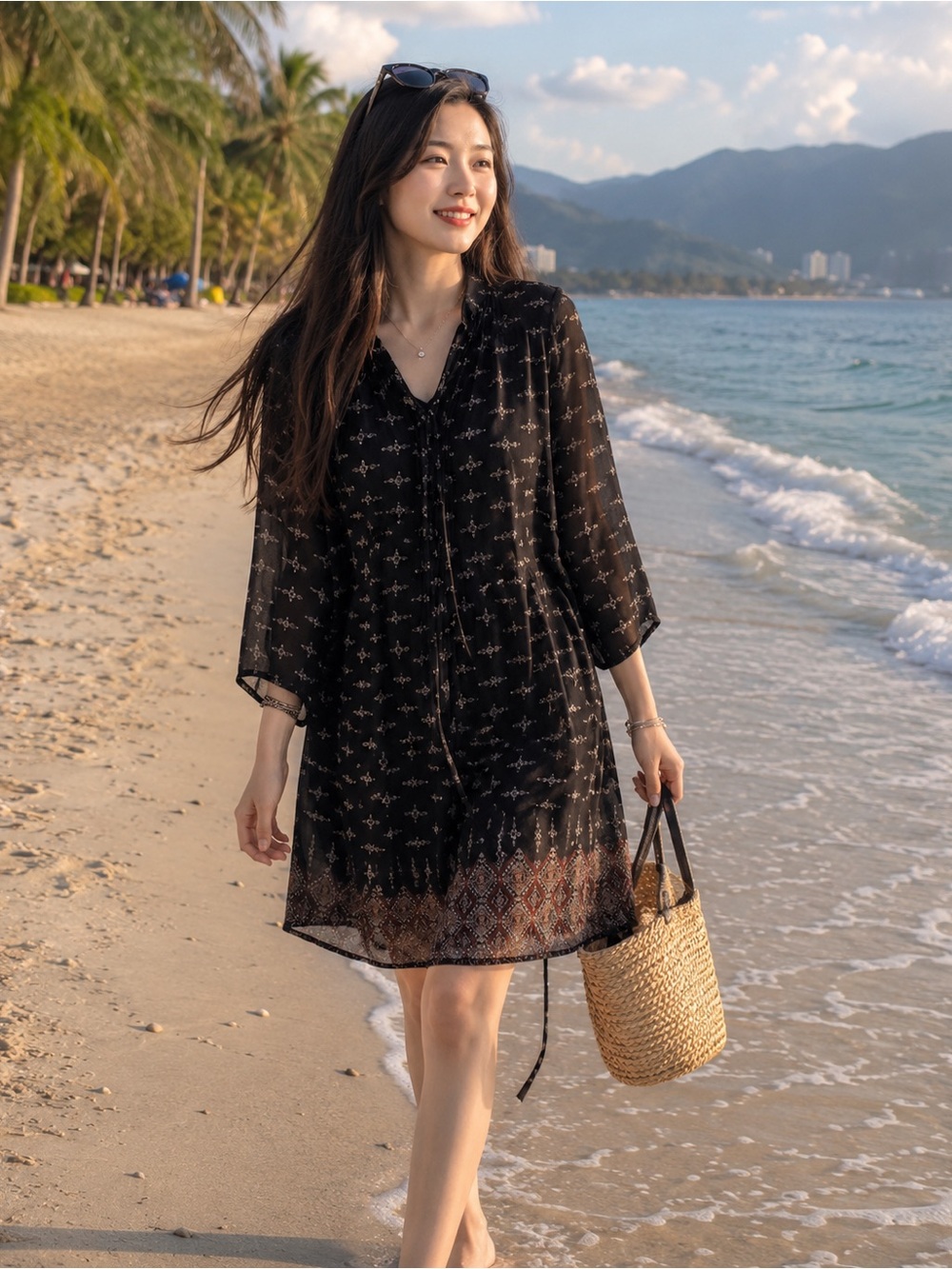 Black Printed Sheer Swim Cover-Up Dress Size S Y2K